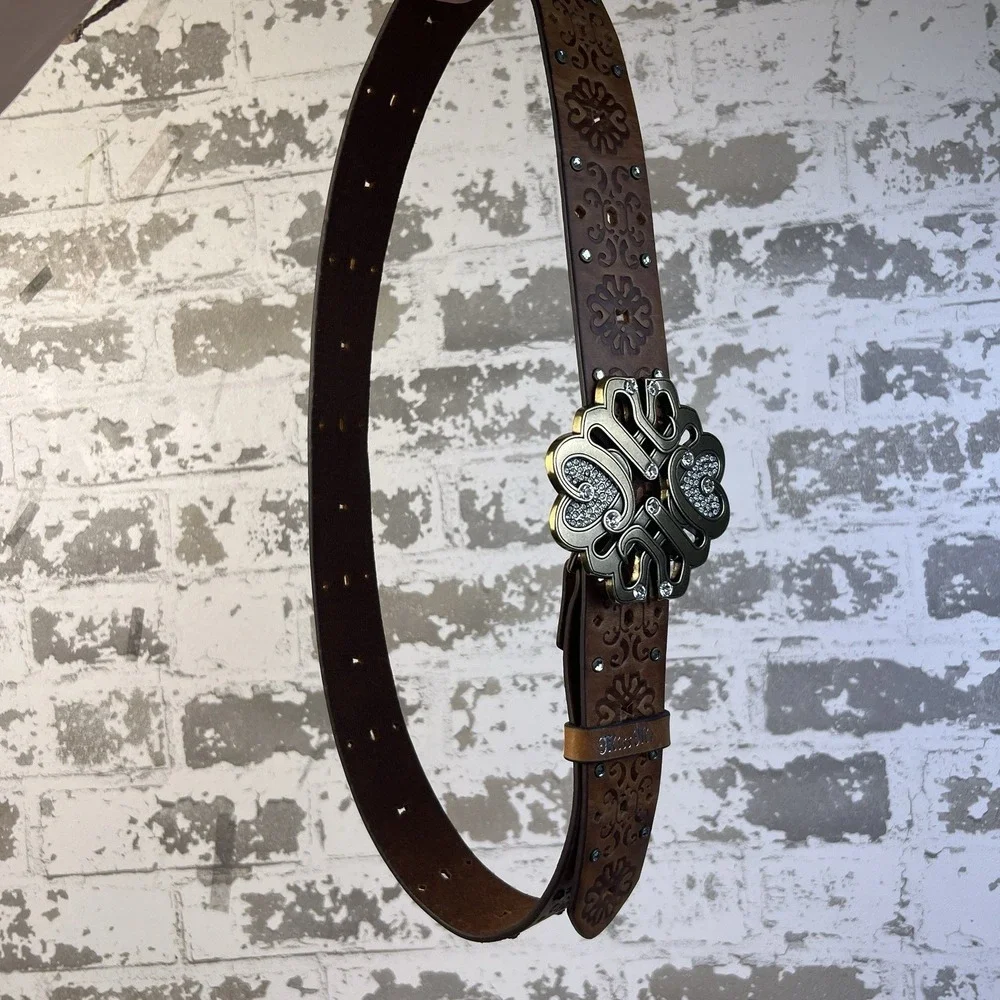 Miss Me Leather Belt Women's Sz 34 Antique Brass Tone Hearts Buckle Y2K Bling - Picture 8 of 8